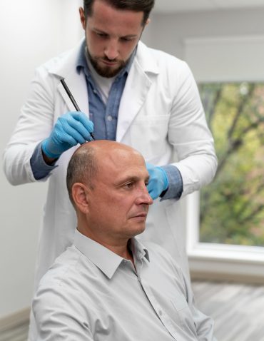 Doctor in a white coat and blue gloves examining a bald male patient's scalp with a pen tool
