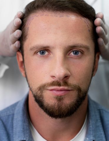 Man with a receding hairline during a hair transplant consultation with the proposed hairline marked on his forehead.